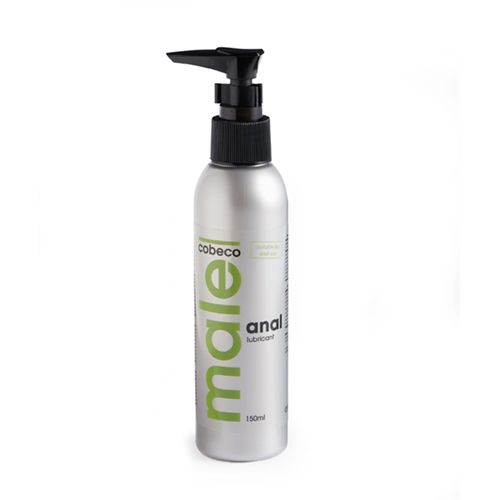 Flacon argenté avec pompe noire. Inscription: male anal lubricant. Marque: Cobeco.