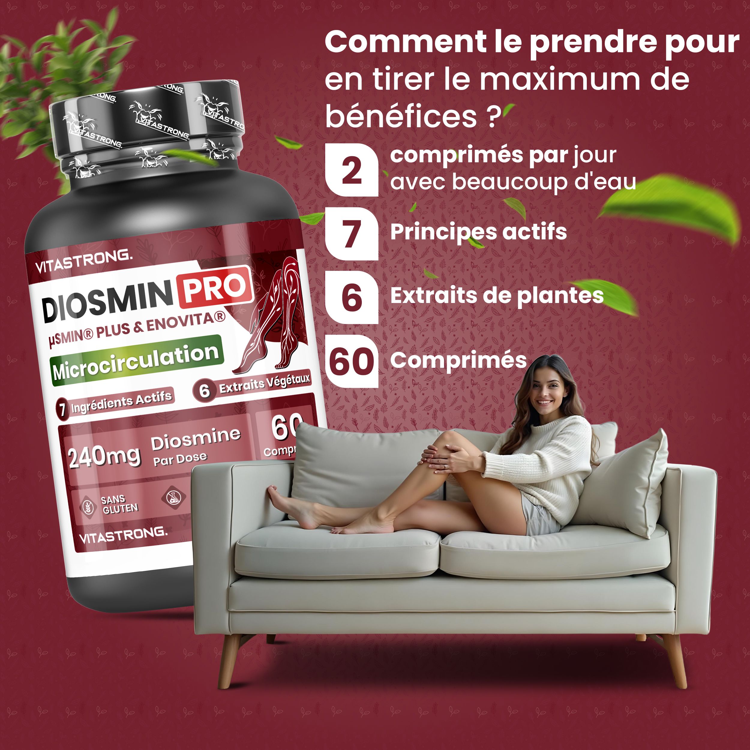 Vitastrong Diosmin PRO. Fles met tabletten. Vrouw op bank. Tekst: 2 tabletten per dag, 7 actieve ingrediënten, 6 plantenextracten, 60 tabletten.