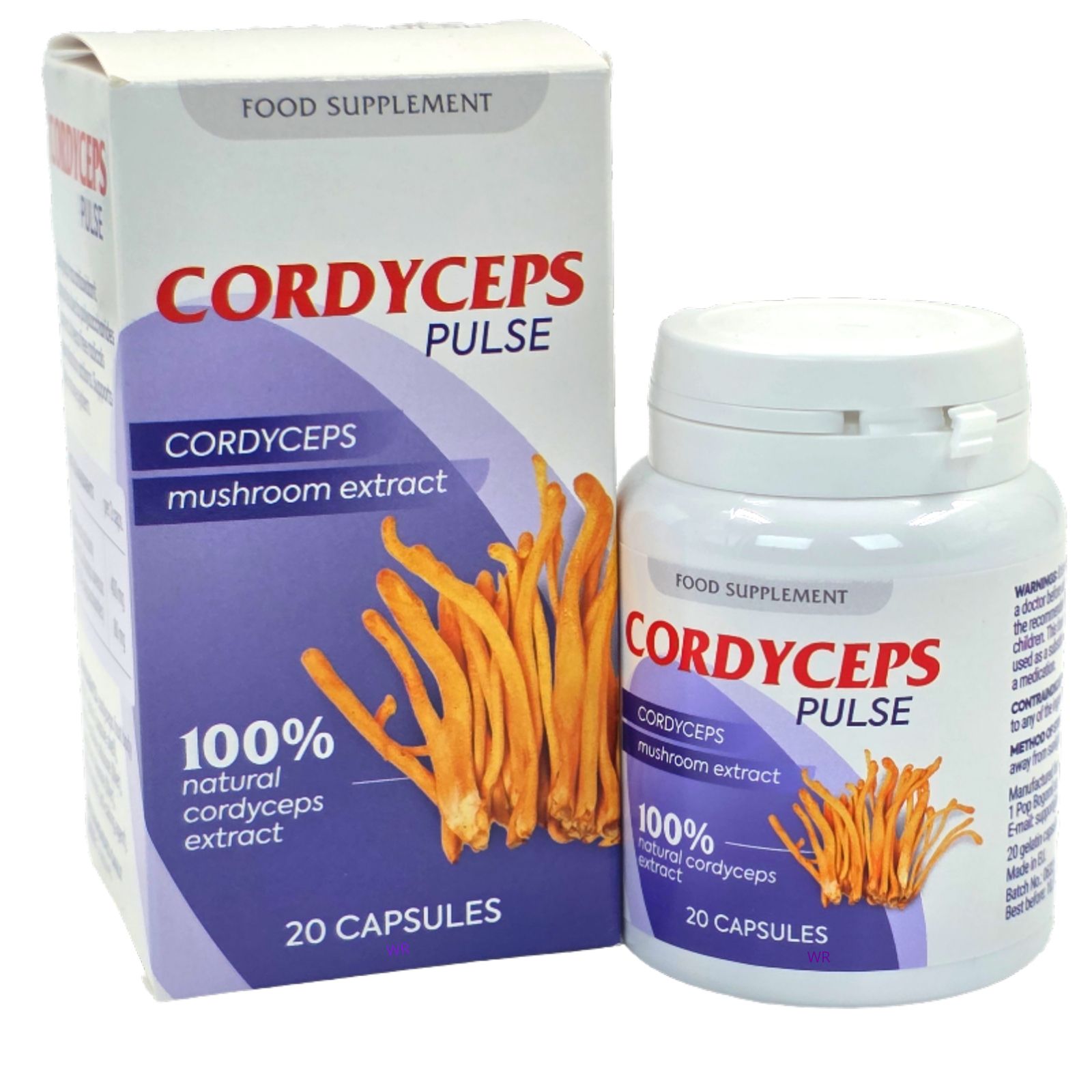 Boîte et flacon blancs avec étiquette rouge et bleue. Inscription : Cordyceps Pulse, extrait de cordyceps naturel à 100 %, 20 gélules.