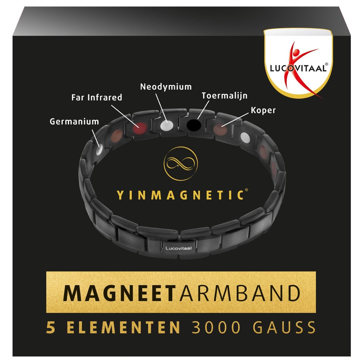 Zwart magnetisch armband in verpakking. Opschriften: Yinmagnetic, 5 elementen, 3000 Gauss. Merk: Lucovitaal.