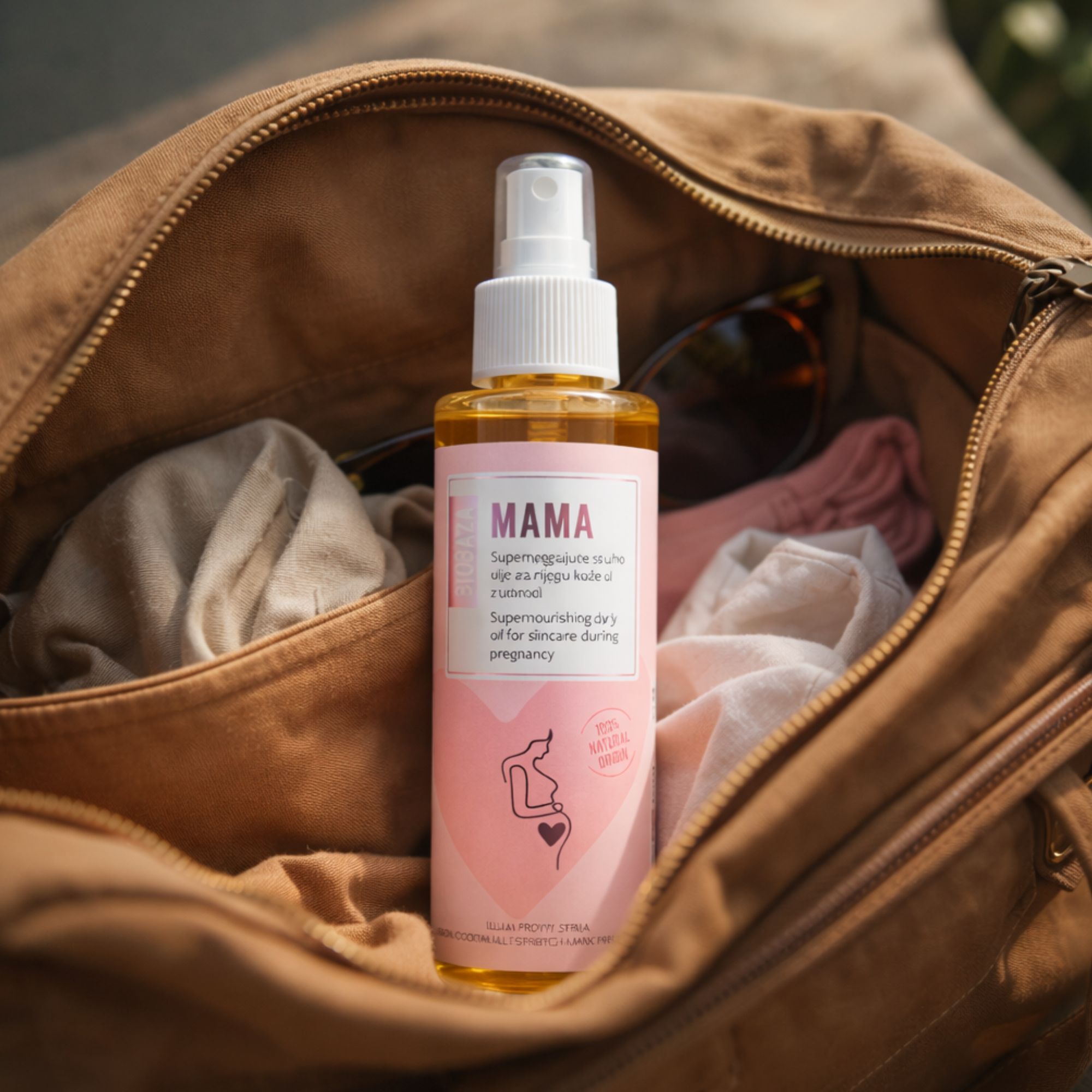 Olieflacon met verstuiver in een bruine tas. Roze etiket met tekst. Zonnebril en kleding op de achtergrond.