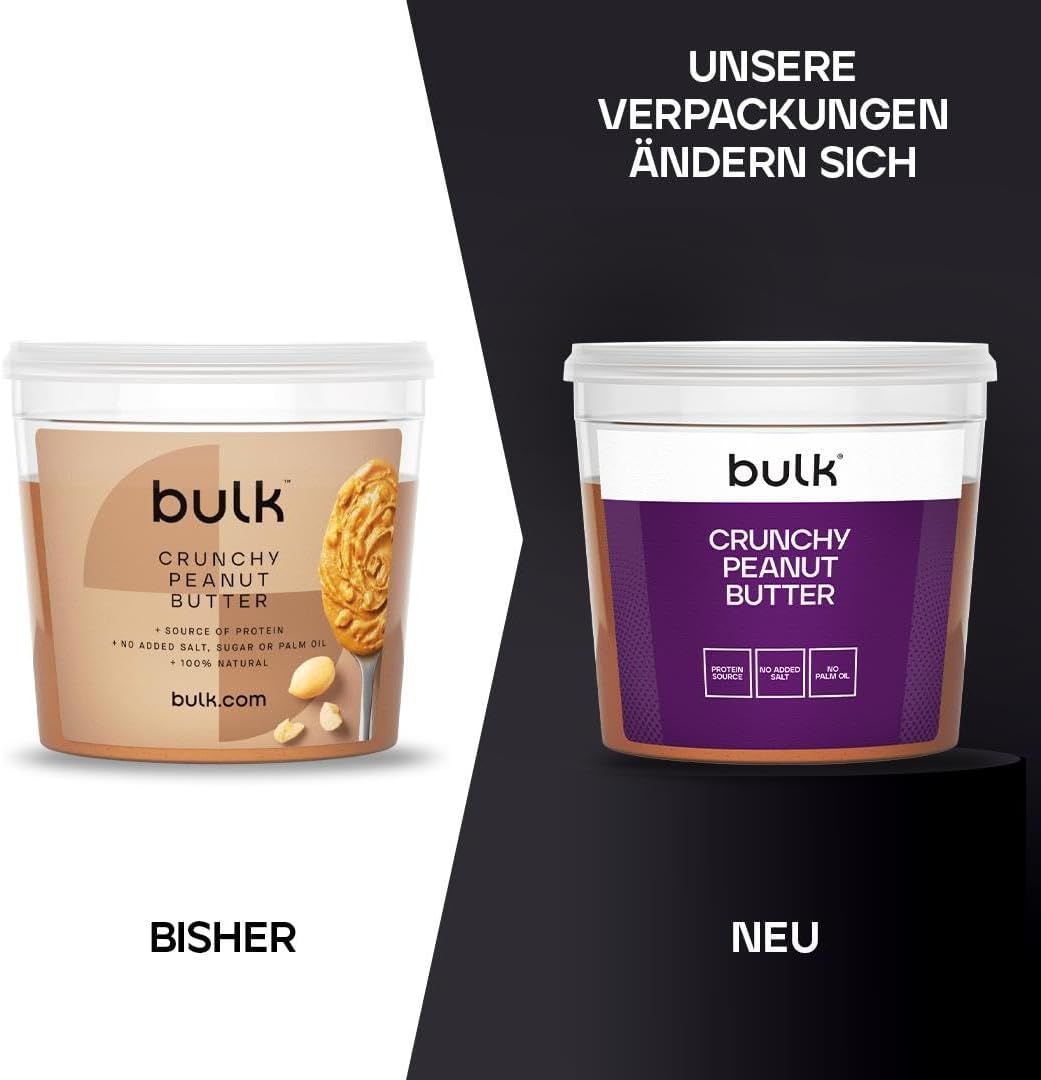 Deux pots de Bulk Crunchy Peanut Butter, ancien et nouveau.