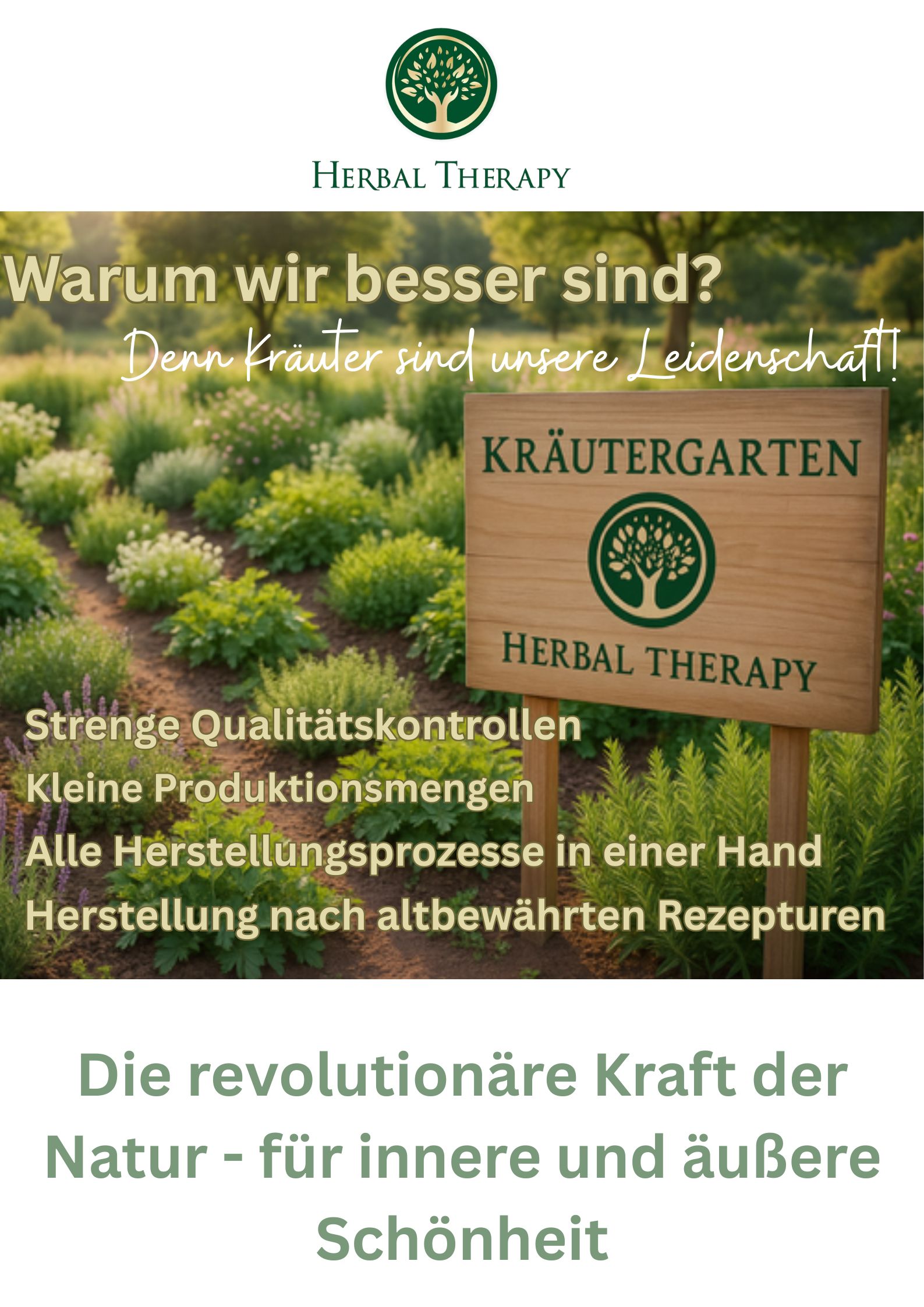 Reclameposter met kruidentuin. Herbal Therapy. Kruidentuin. Strenge kwaliteitscontroles. Witte achtergrond.