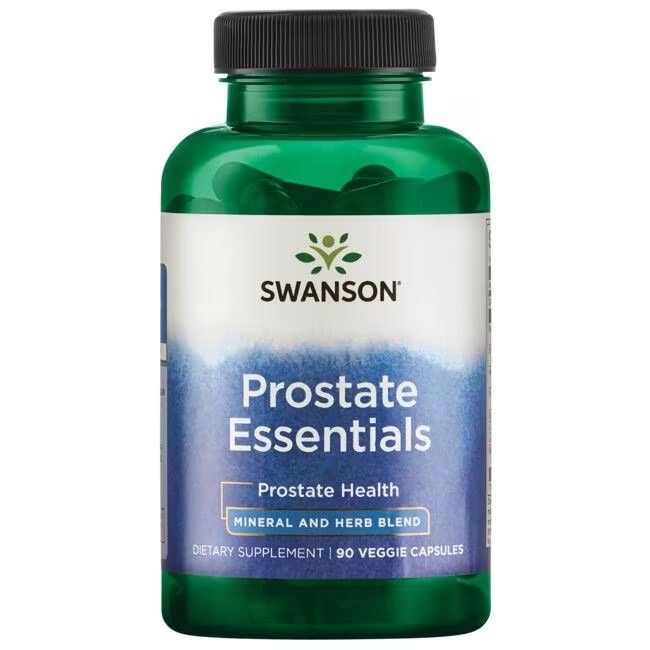 Groene fles met zwarte dop. Opschrift: SWANSON, Prostate Essentials, mineralen- en kruidenmengsel. 90 veggie capsules.