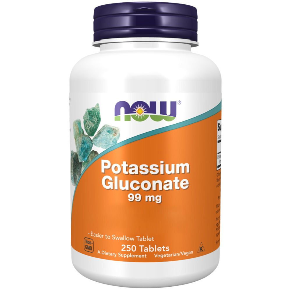 Witte fles met blauwe dop. Opschrift: NOW, Potassium Gluconate 99 mg, 250 tabletten. Vegetarisch/Vegan.