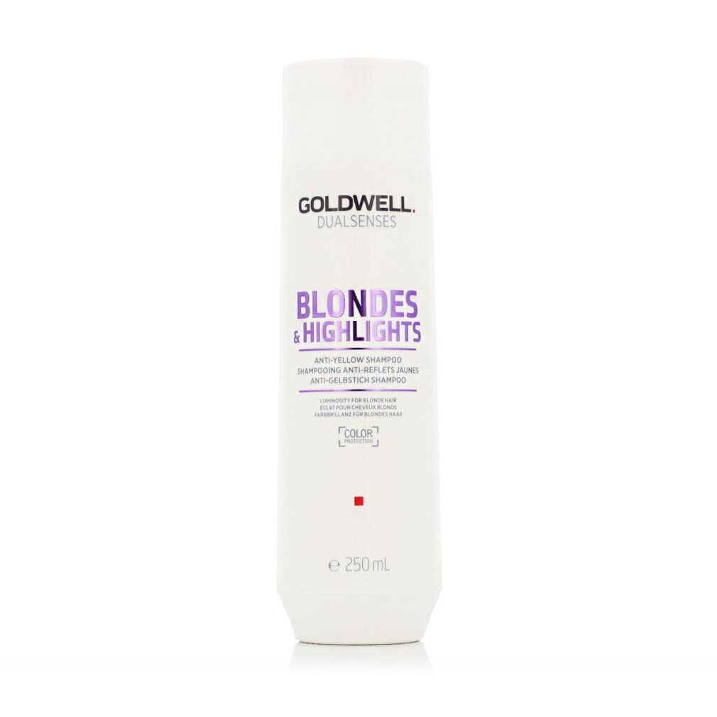Flacon blanc avec texte violet Goldwell Blondes & Highlights Anti-Yellow Shampoo. 250ml. Color Protection.