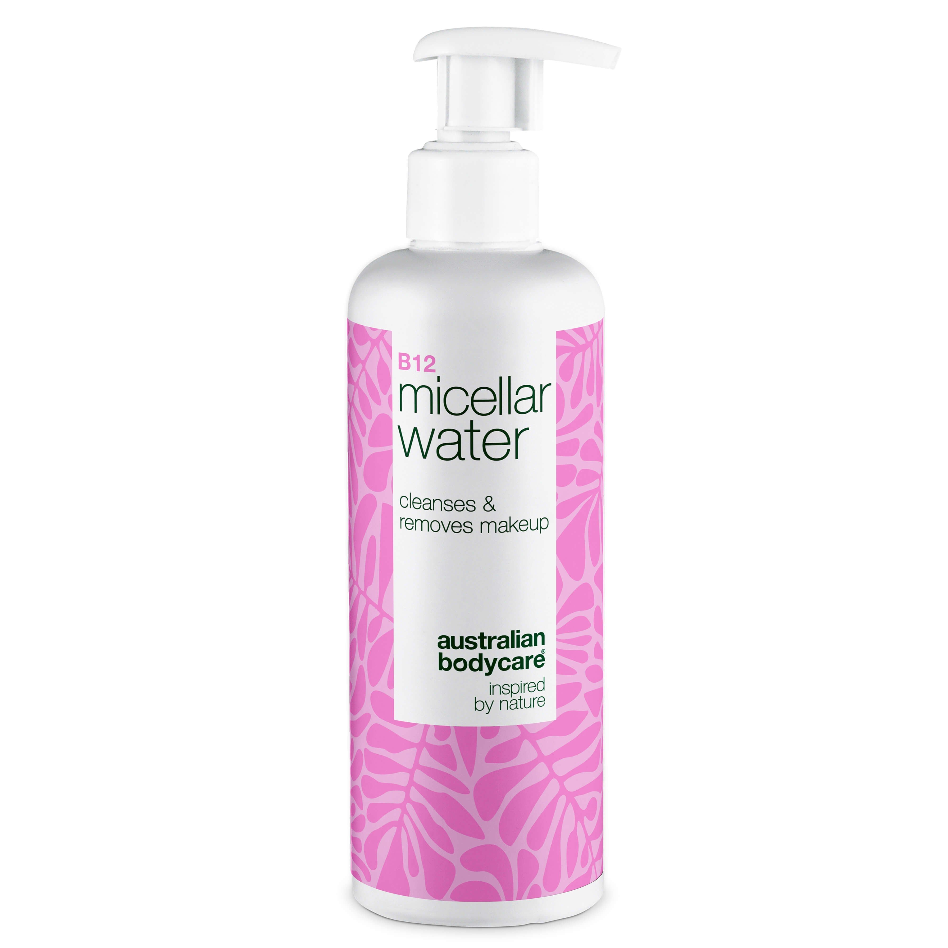 Flacon blanc avec pompe. Inscription : B12 Micellar Water. Motif rose. Marque : Australian Bodycare.