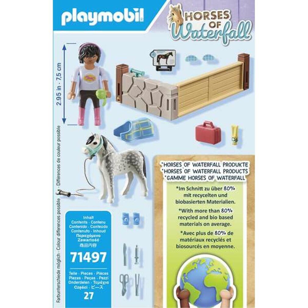 Playmobil 71497. Cheval, figurine, accessoires. Cheval avec couverture, figurine avec tablette. Accessoires: valise, ciseaux, seringue.