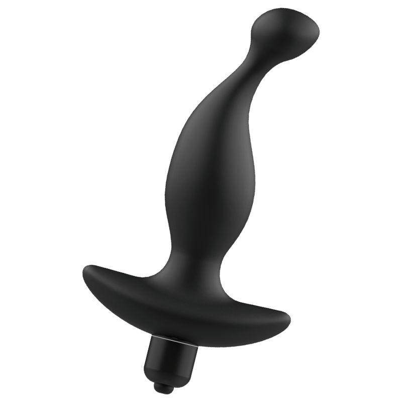 Vibrateur anal noir à forme courbée, base large et extrémité sphérique, vu de biais en bas.