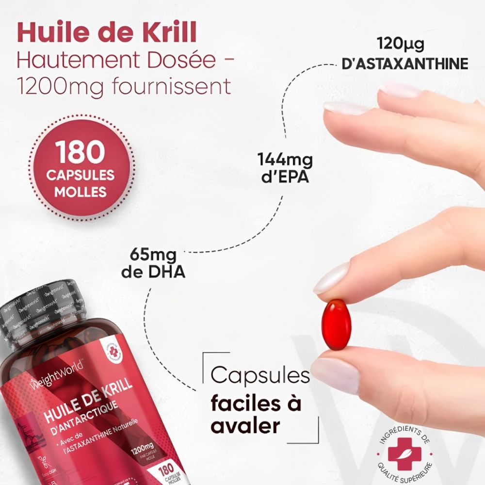 Main tenant une gélule rouge à côté d'un flacon d'huile de krill antarctique. 1200mg par portion. 180 gélules. Facile à avaler.