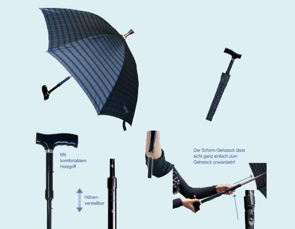 Wandelstok met paraplu, zwart-grijs gestreept. In hoogte verstelbaar, met houten handvat. Onderdelen en gebruik.
