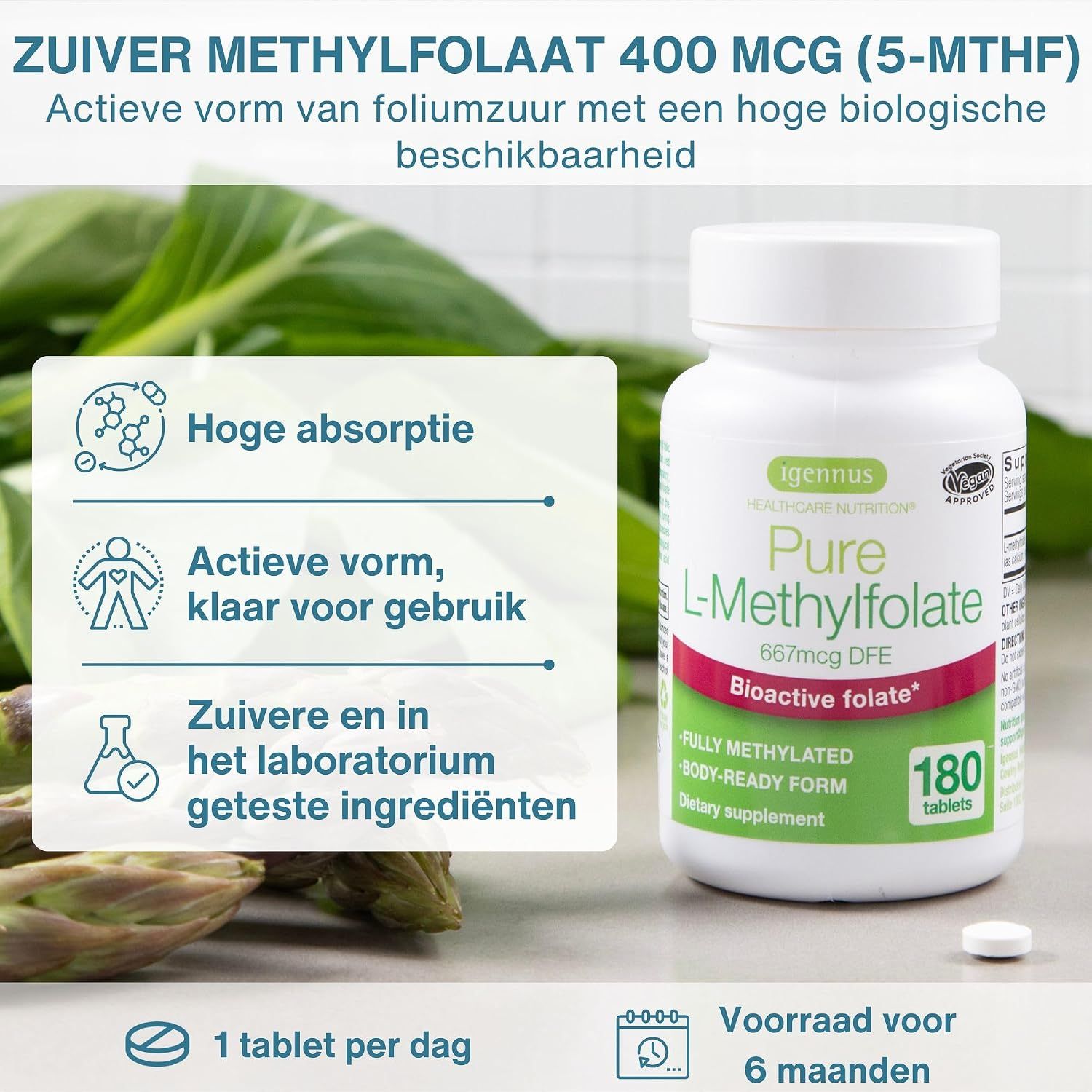 Igennus L-Methylfolate 400mcg DFE. Hoge absorptie, actieve vorm.