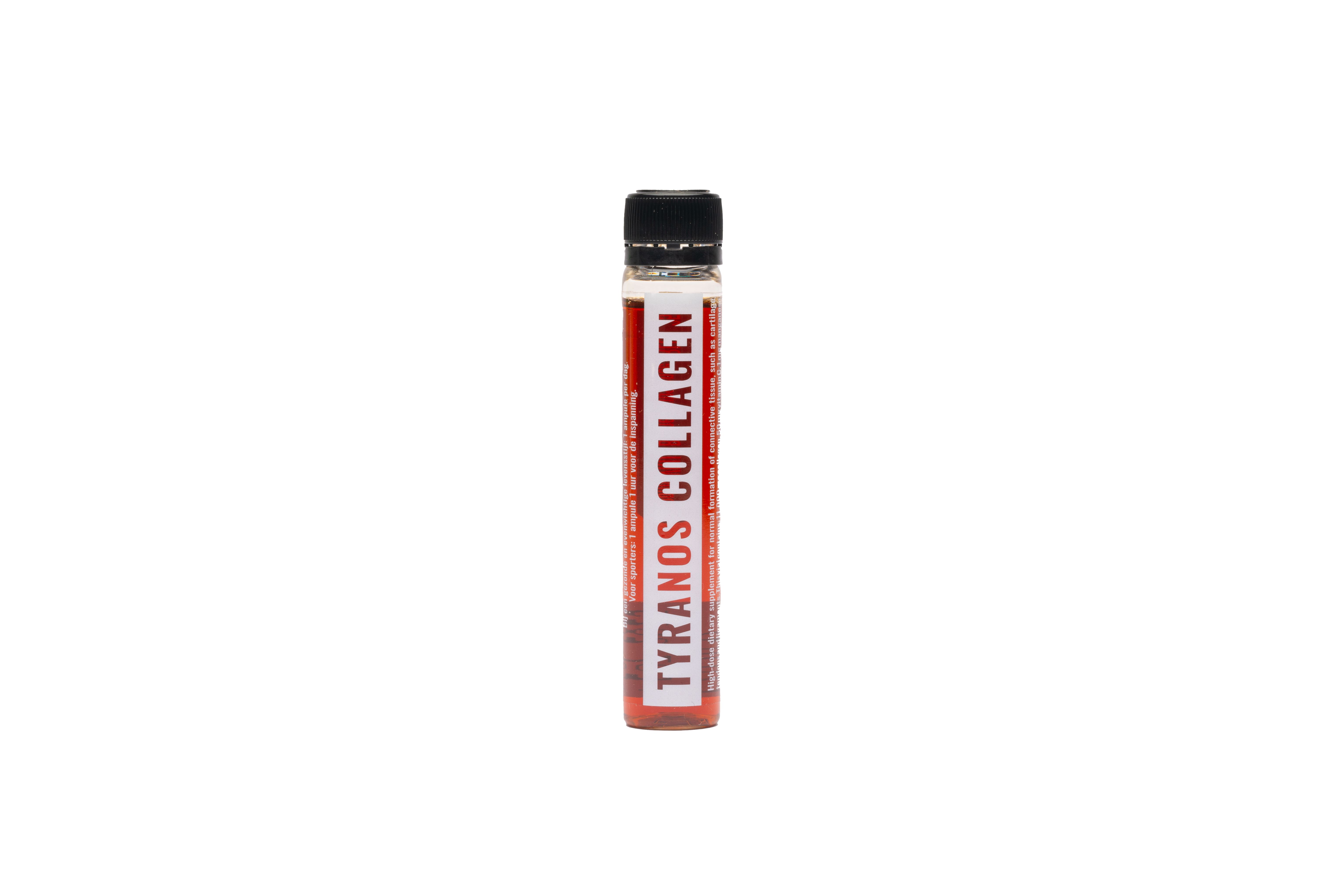 Transparante, cilindrische fles met zwarte dop. Bevat rode vloeistof. Opschrift: TYRANOS COLLAGEN.