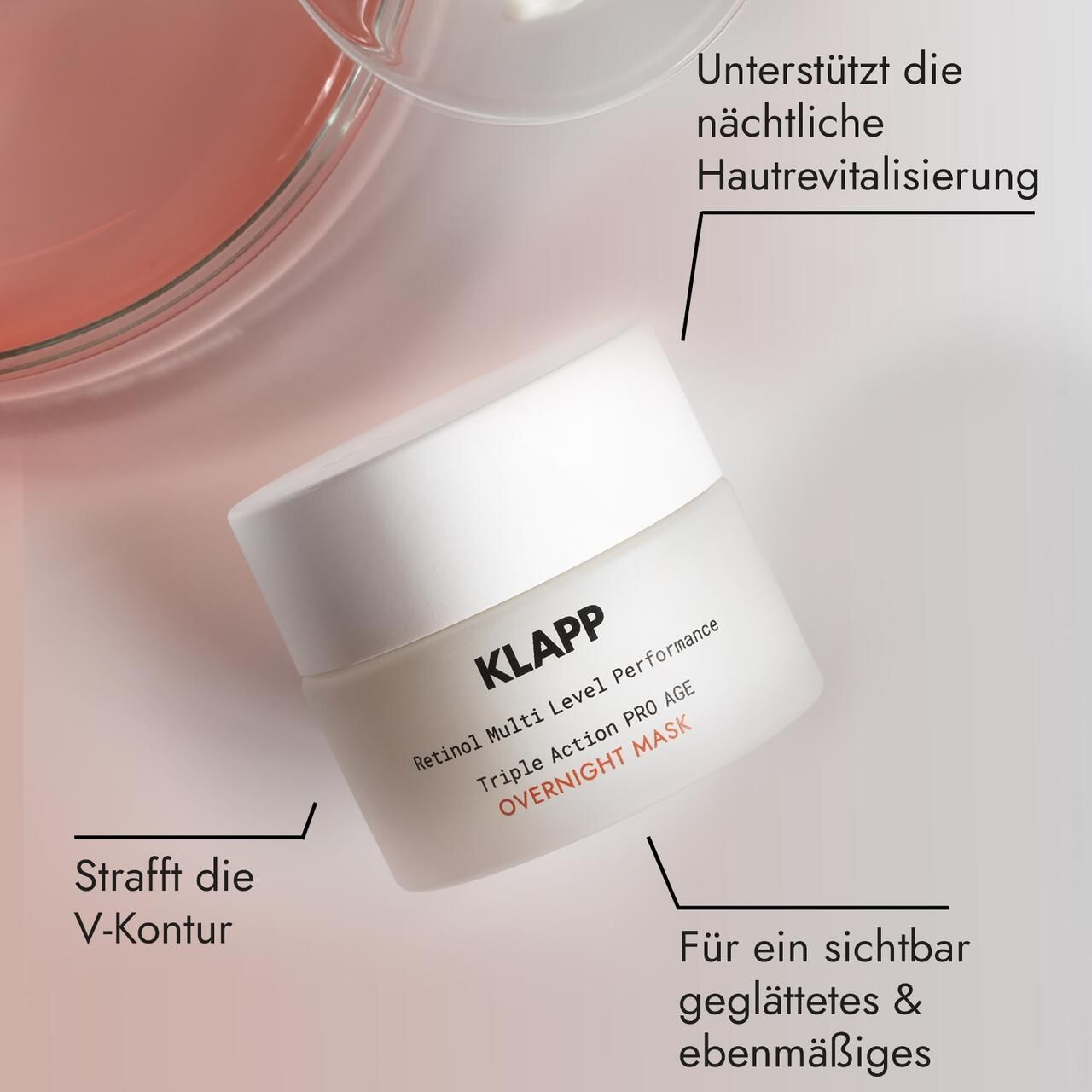 Witte pot met deksel, schuin. Opschrift: KLAPP, Retinol Multi Level Performance, Triple Action PRO AGE, OVERNIGHT MASK. Pijlen met tekst.