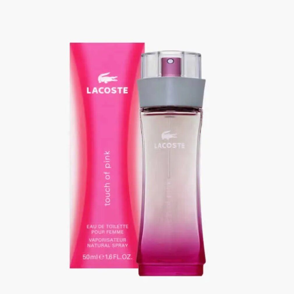 Roze Lacoste Touch of Pink fles met zilveren dop. Roze doos met logo en tekst. Verstuiver.