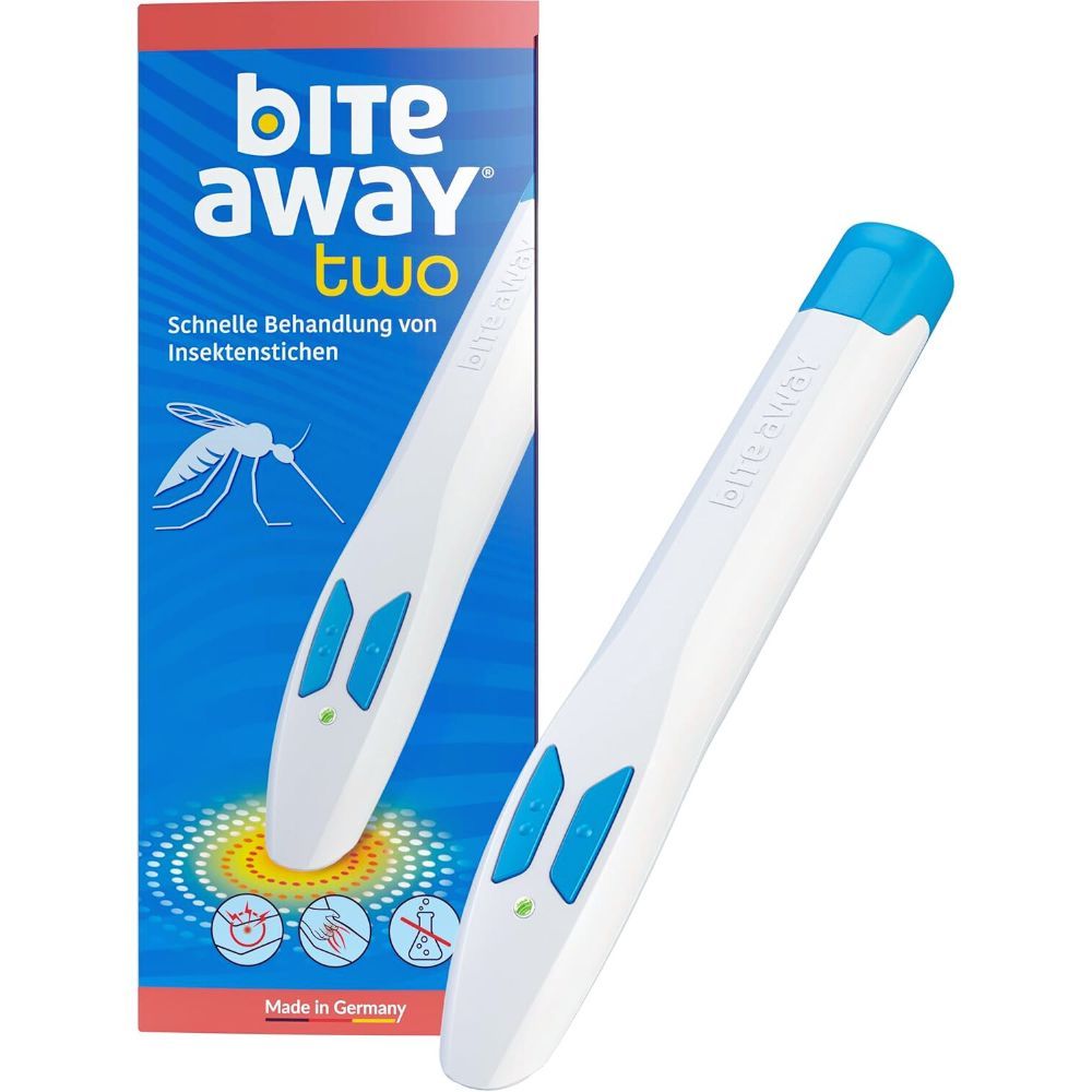 Appareil anti-piqûres Bite away et son emballage, avec illustration de moustique et instructions.