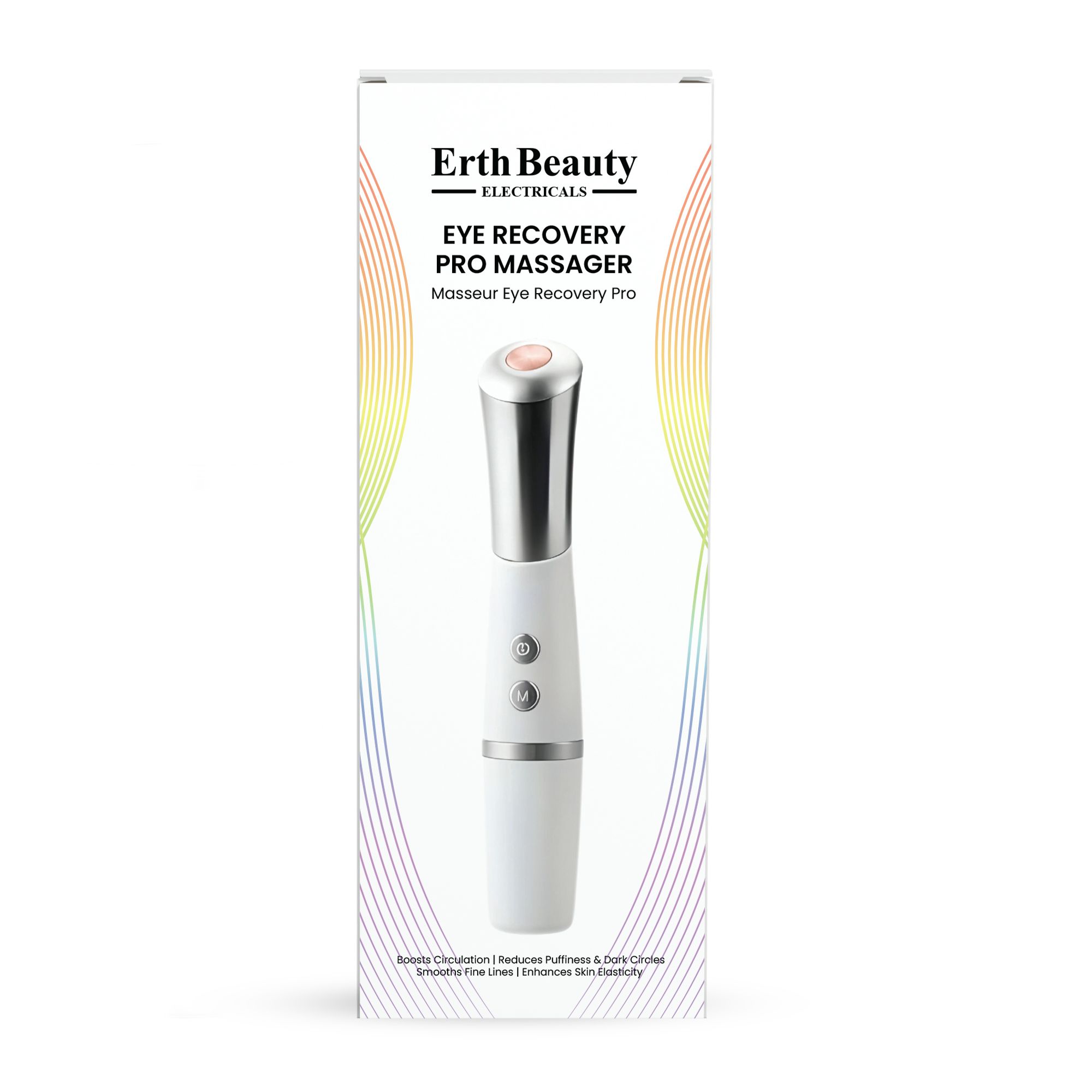 Witte oogmassager met zilveren accenten en verpakking. Opschrift: Erth Beauty Electricals, Eye Recovery Pro Massager.