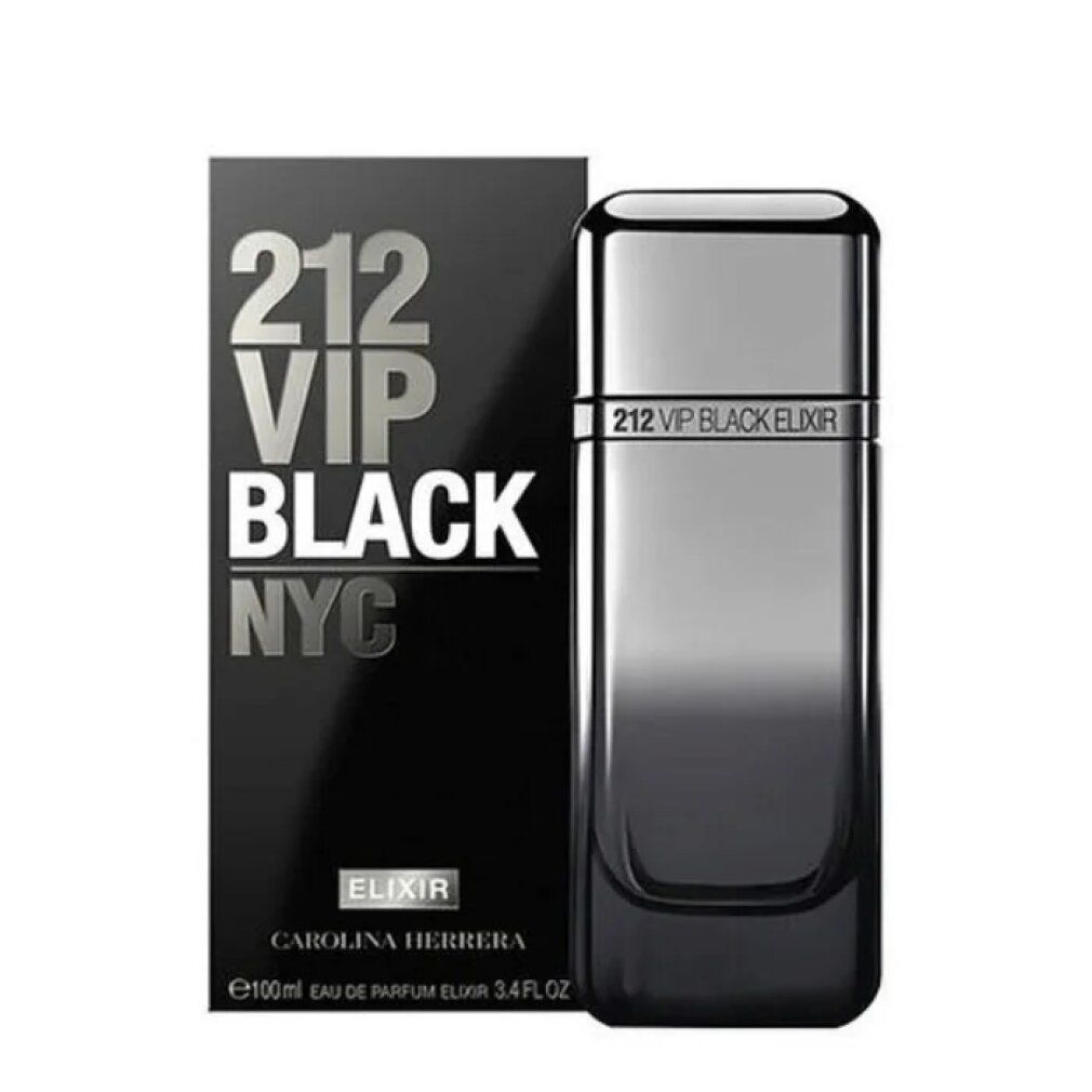 Zwarte fles en verpakking. Opschrift: 212 VIP BLACK NYC. Elixir. Carolina Herrera.