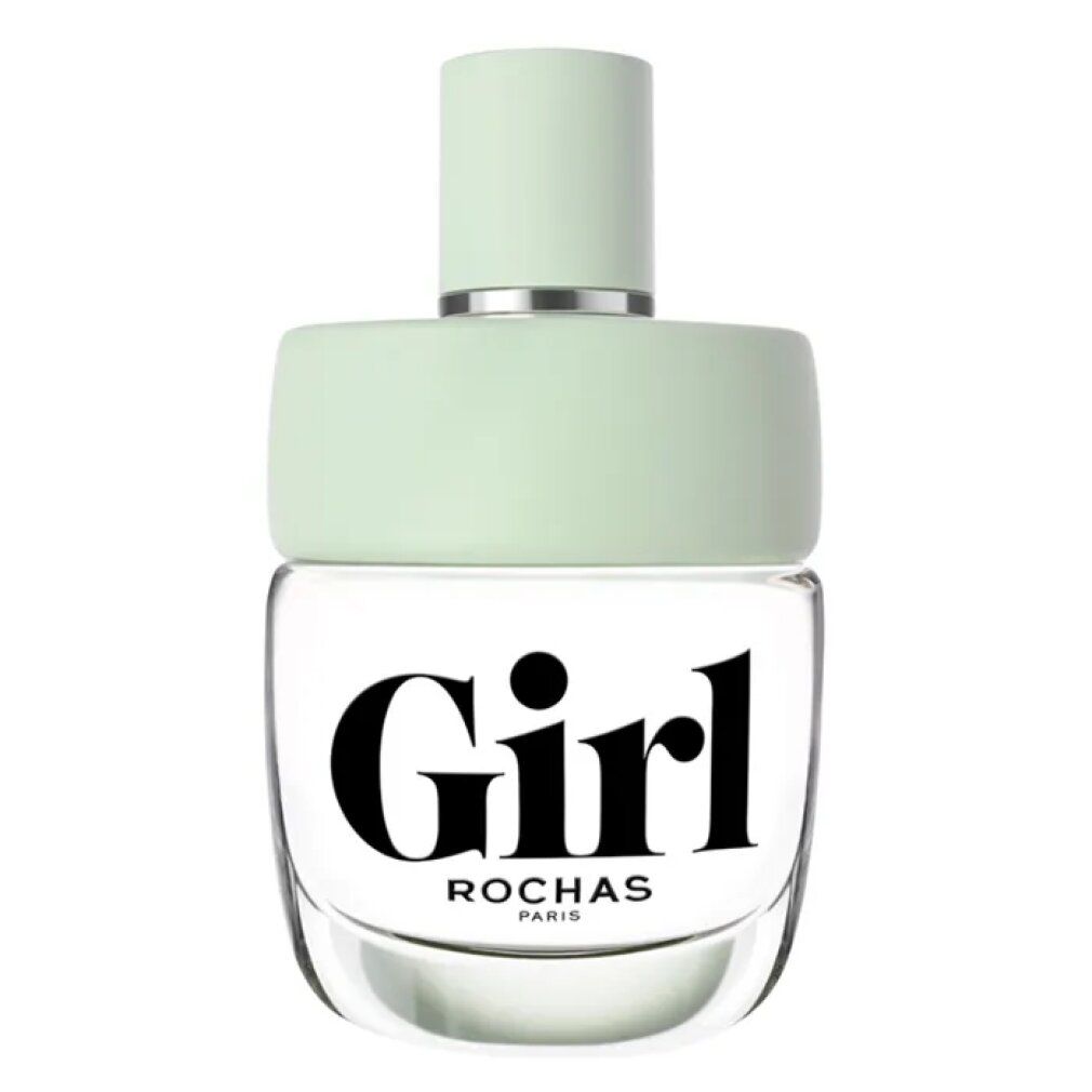 Ronde flacon met lichtgroene dop. Opschrift "Girl" en "Rochas Paris".