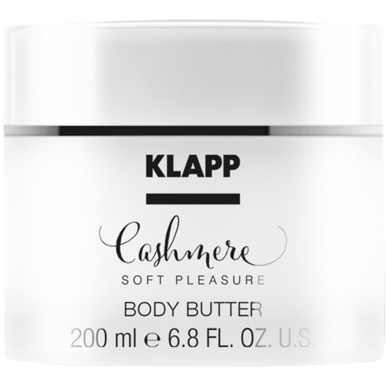 Pot de beurre corporel Klapp Cashmere blanc. Couvercle et anneau argenté. Inscription : Klapp, Cashmere, Soft Pleasure, Body Butter.