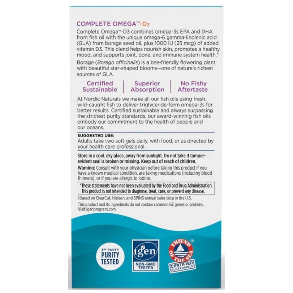Zijkant van de Nordic Naturals Complete Omega-D3 verpakking met productinformatie en certificeringen.