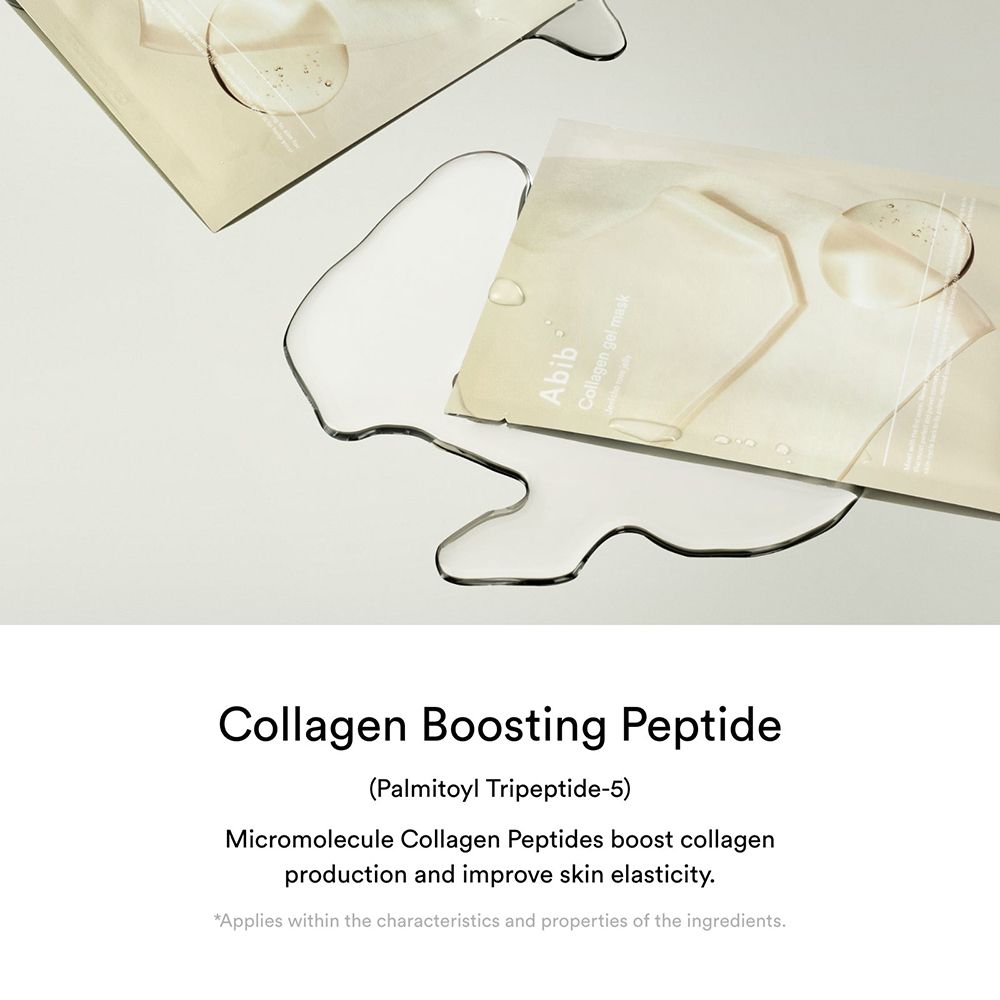 Twee masker verpakkingen en transparante vloeistof druppels. Tekst: Collagen Boosting Peptide. Micromolecule Collagen Peptides.