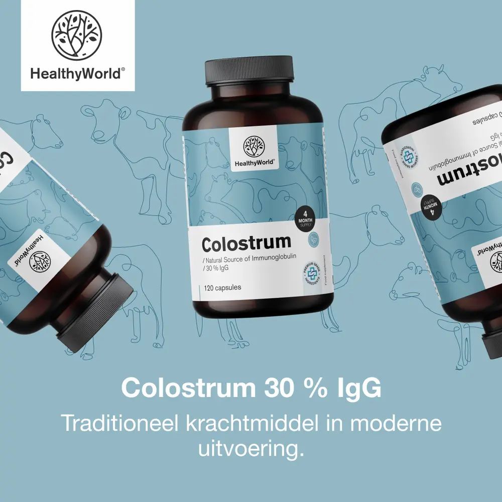 Drie flessen met capsules. Tekst: Colostrum 30% IgG. Traditioneel versterkend middel in moderne uitvoering.