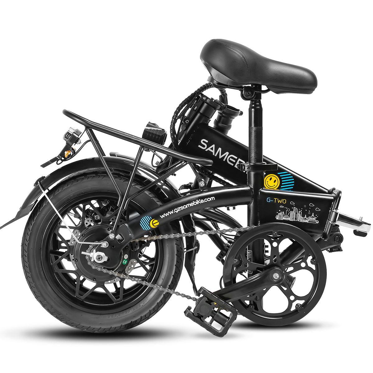 Vélo électrique pliable SAMEBIKE YINYU14 noir. Selle, porte-bagages, garde-boue, pédales, chaîne, moteur et jantes visibles.