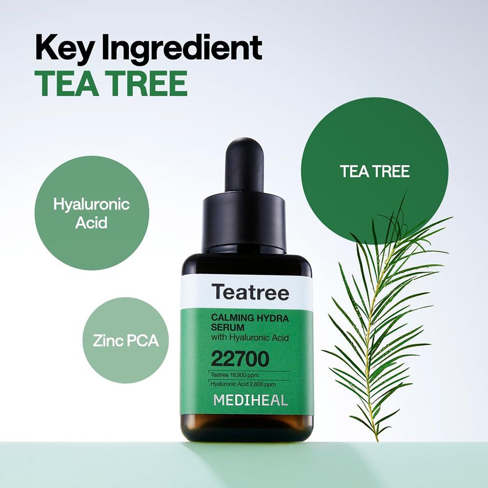 Flacon de sérum avec bouchon noir. Inscriptions : Teatree Calming Hydra Serum, 22700, MEDIHEAL. Cercles verts avec ingrédients.