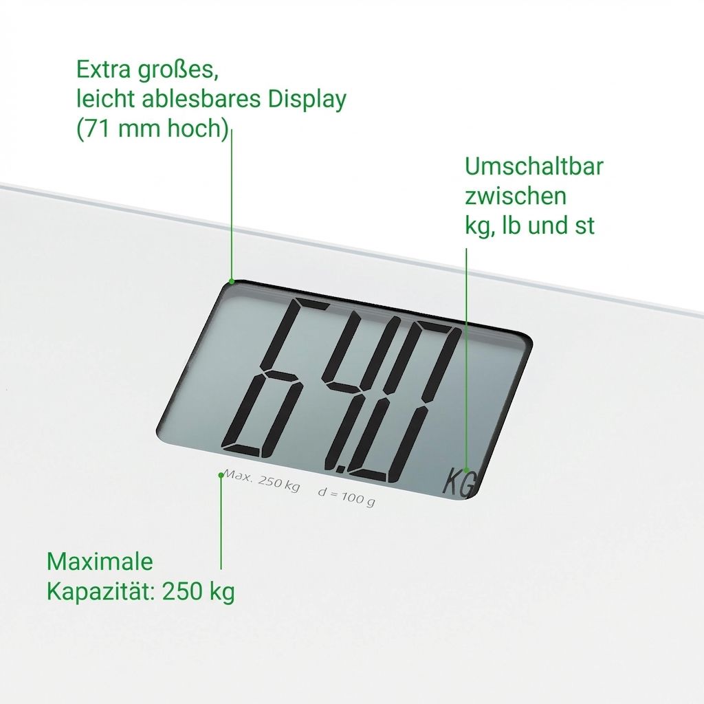 Close-up van het display van een witte personenweegschaal waarop 64,0 kg wordt weergegeven. Maximale capaciteit 250 kg.