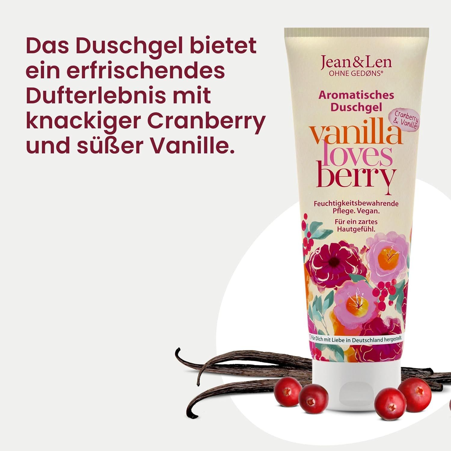 Tube met douchegel, tekst: Aromatische douchegel, Vanilla loves Berry. Cranberry & Vanille. Vanillestokjes en cranberries ernaast.
