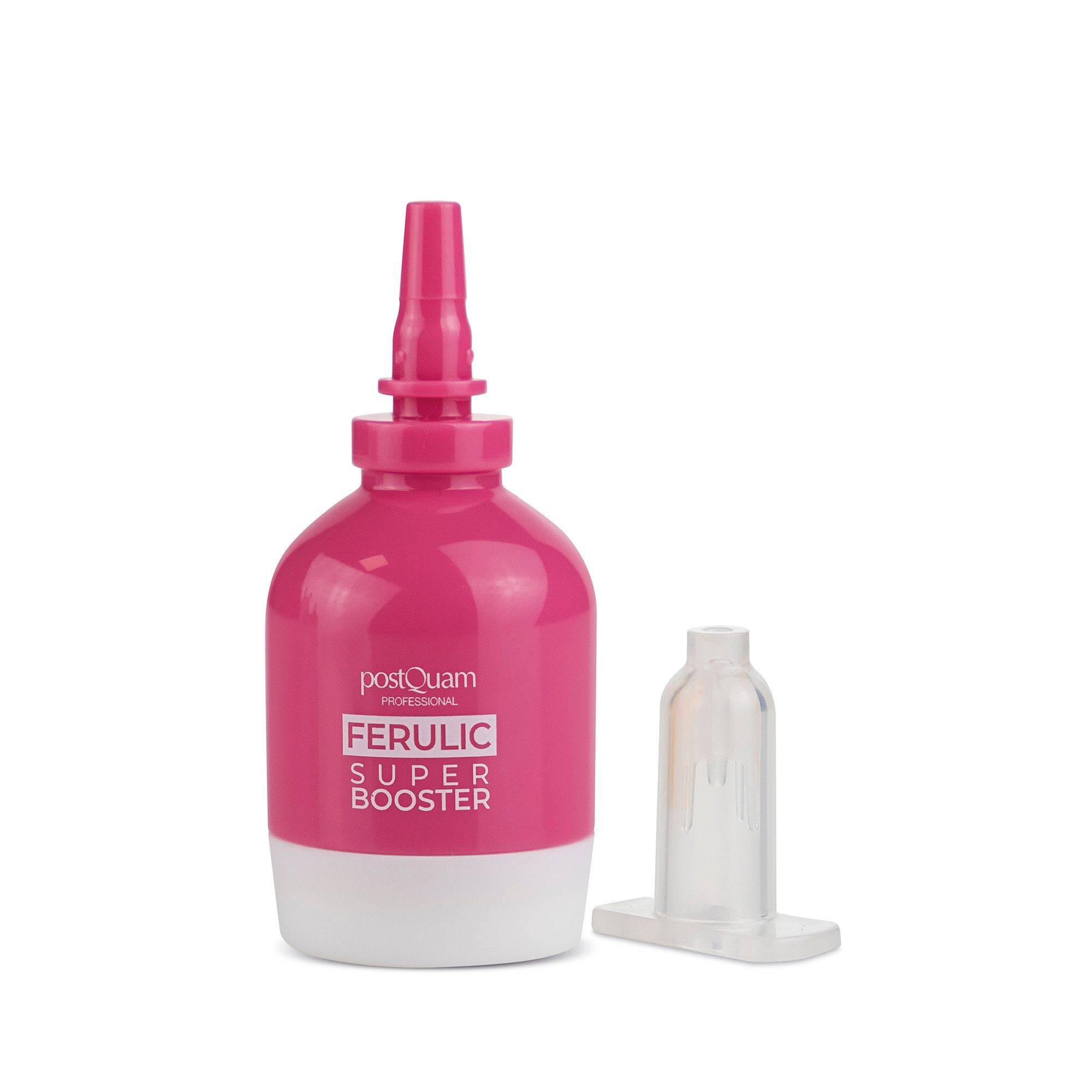 Flacon rose et blanc avec applicateur transparent séparé. Texte: FERULIC SUPER BOOSTER.