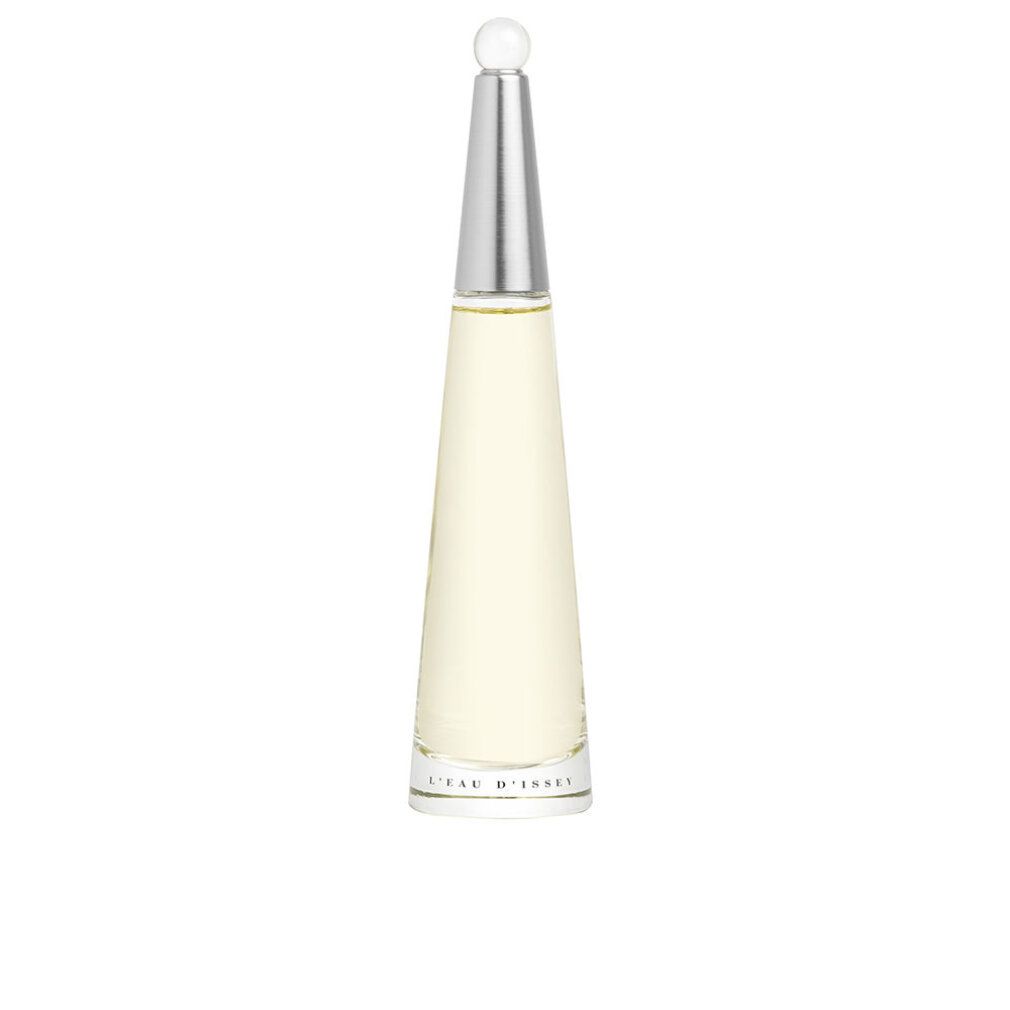 Flacon de parfum avec bouchon argenté et verre transparent. Inscription : L'EAU D'ISSEY.