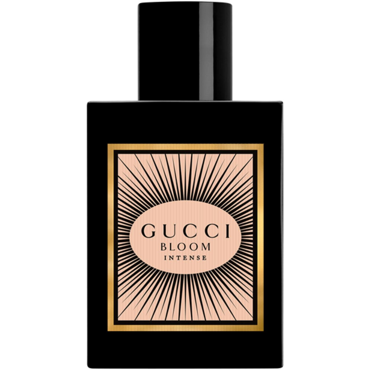 Zwarte fles met opschrift Gucci Bloom Intense. Rechthoekige vorm met zwarte dop.