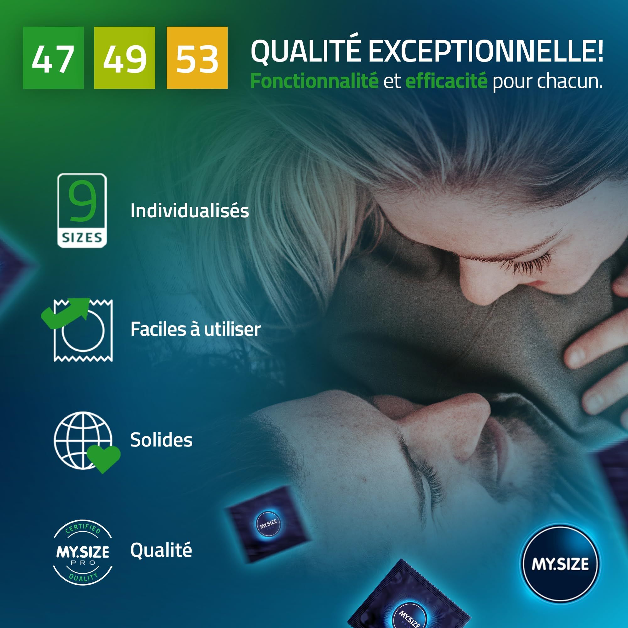 Couple s'enlaçant, entouré de paquets de préservatifs My.Size PRO et de préservatifs individuels.