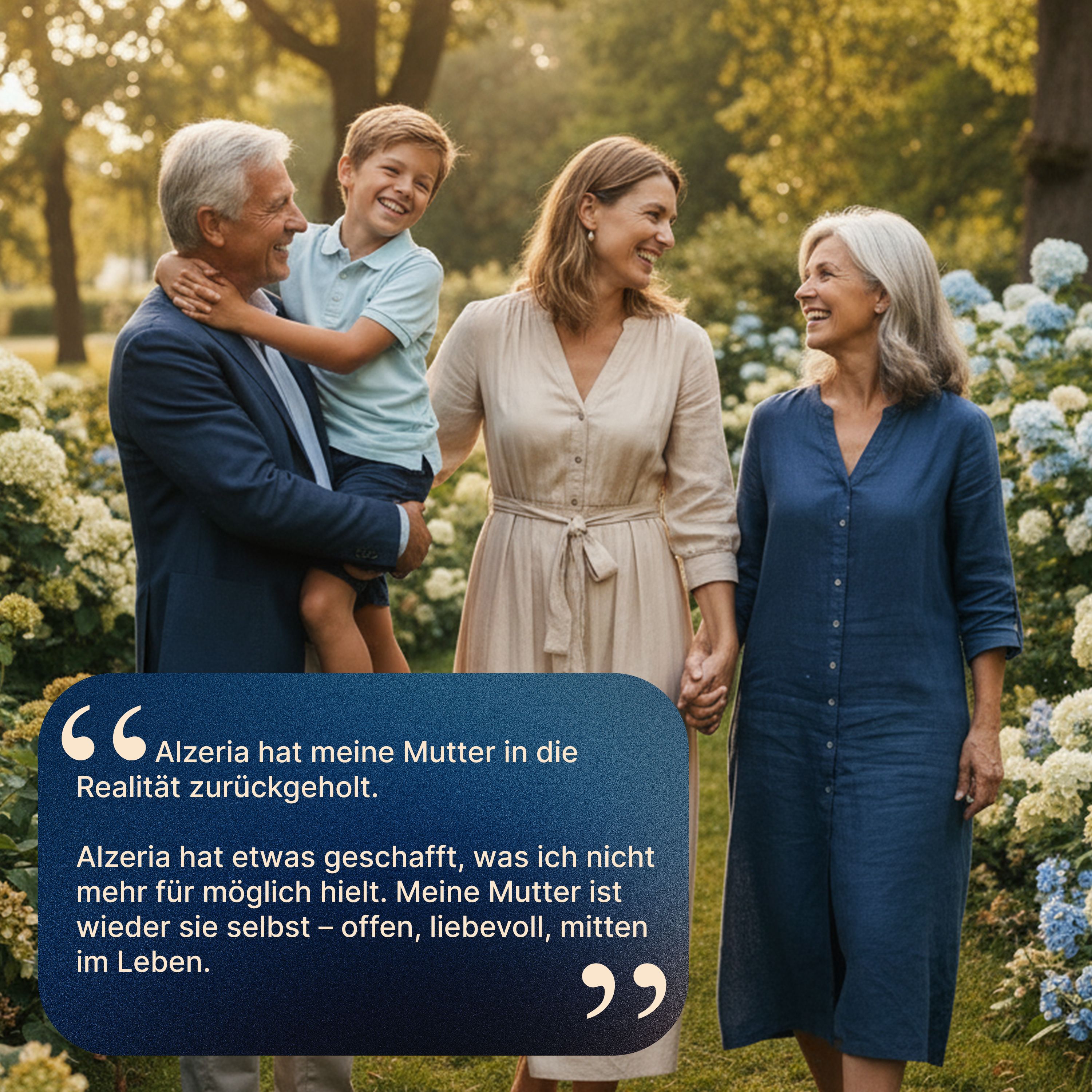 Familie wandelt in het park. Citaat: Alzeria heeft mijn moeder terug in de realiteit gebracht.