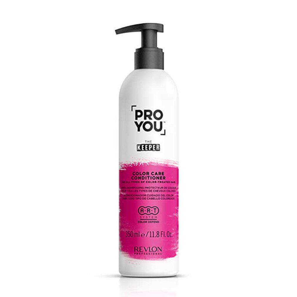 Flacon blanc avec pompe noire. Étiquette rose avec texte: PRO YOU, THE KEEPER, COLOR CARE CONDITIONER. Marque: Revlon.