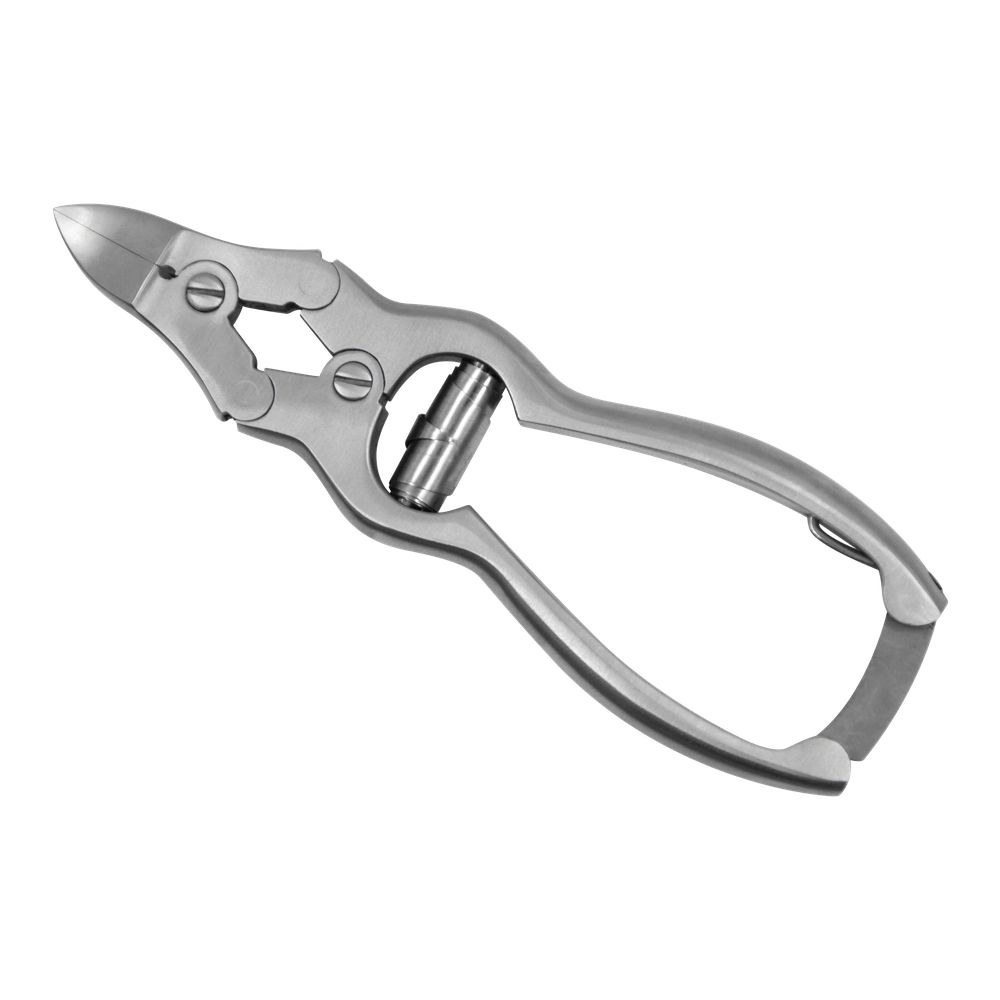 Pince à ongles en acier inoxydable. Poignée ergonomique, coupe incurvée. Outil métallique sur fond blanc.