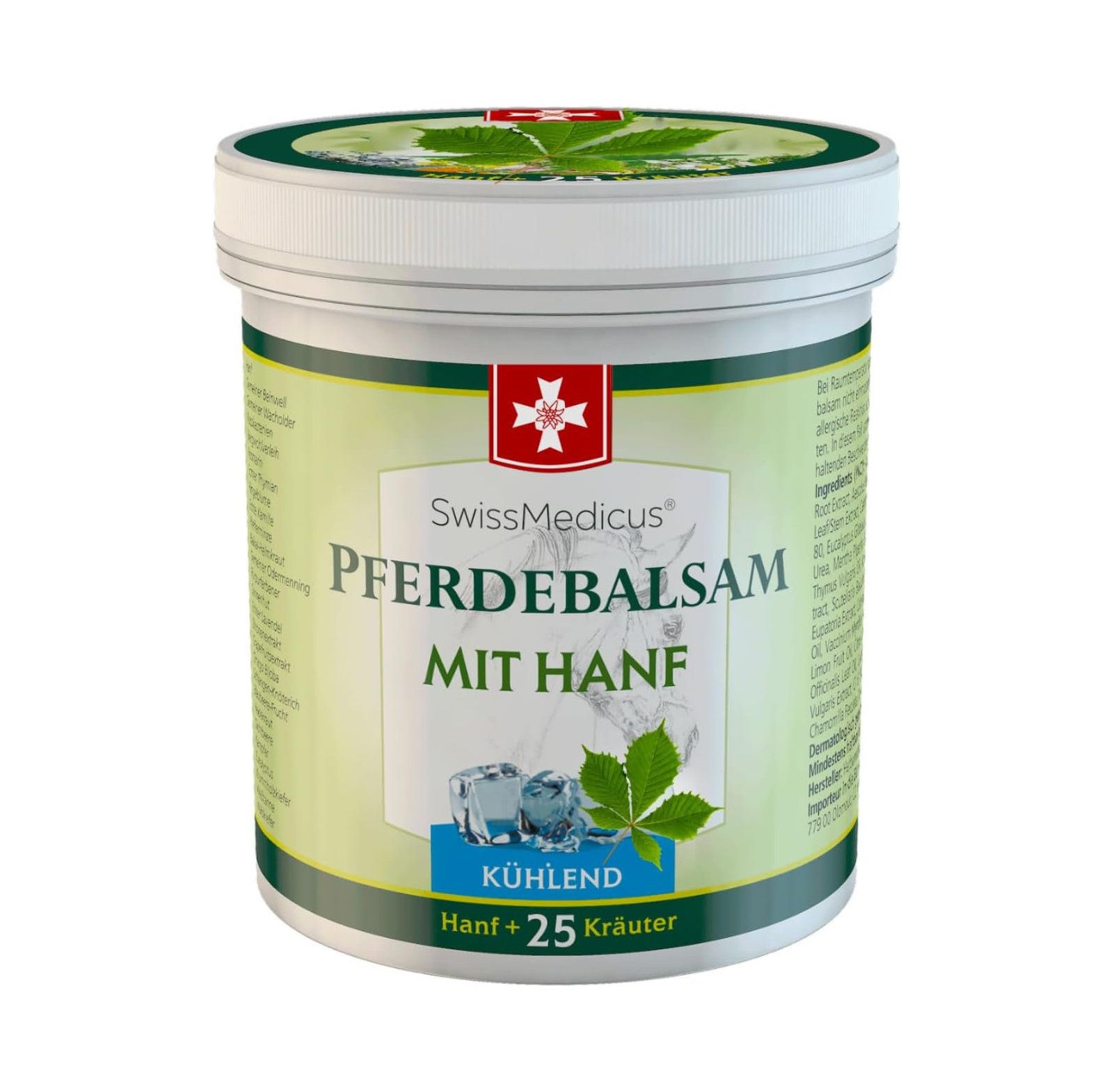Witte pot met groene deksel. Opschrift: SwissMedicus Pferdebalsam mit Hanf Kühlend. Zwitsers kruis.