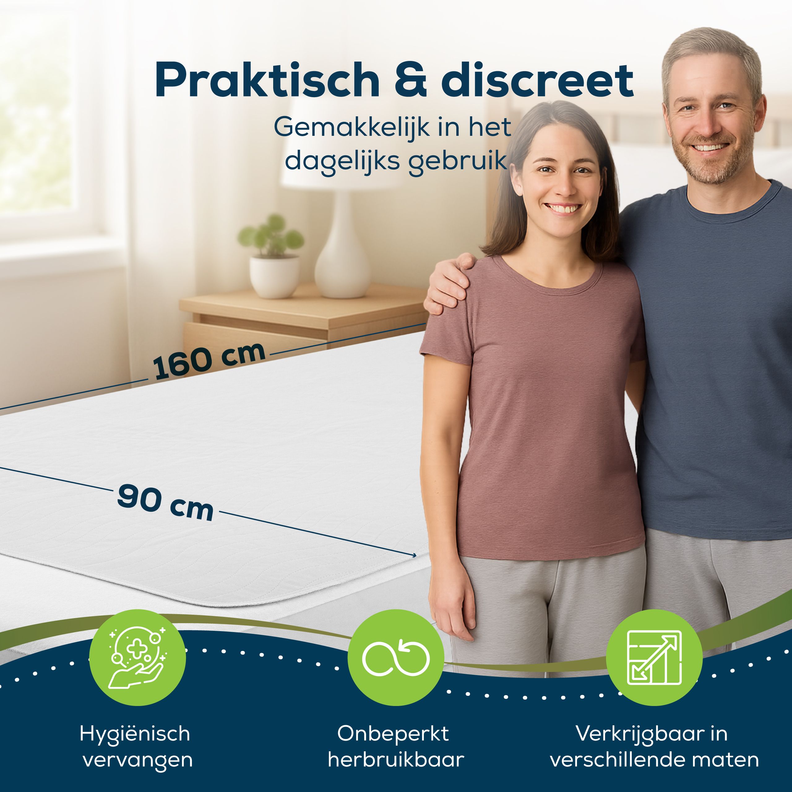 Koppel op bed. Tekst: Praktisch & discreet. Afmetingen: 160 cm x 90 cm. Hygiënisch, herbruikbaar.