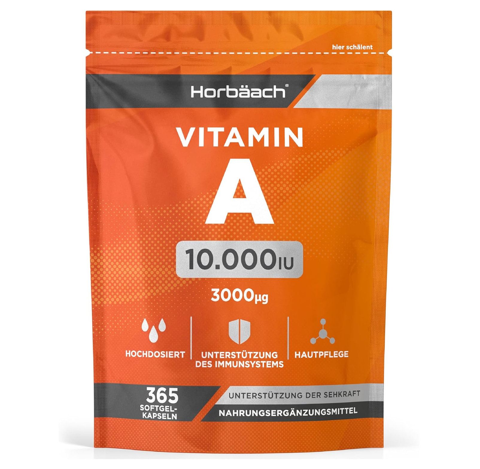 Oranje verpakking met vitamine A 10.000 IE capsules. Tekst: Hoog gedoseerd, ondersteuning immuunsysteem, huidverzorging, 365 softgel capsules.