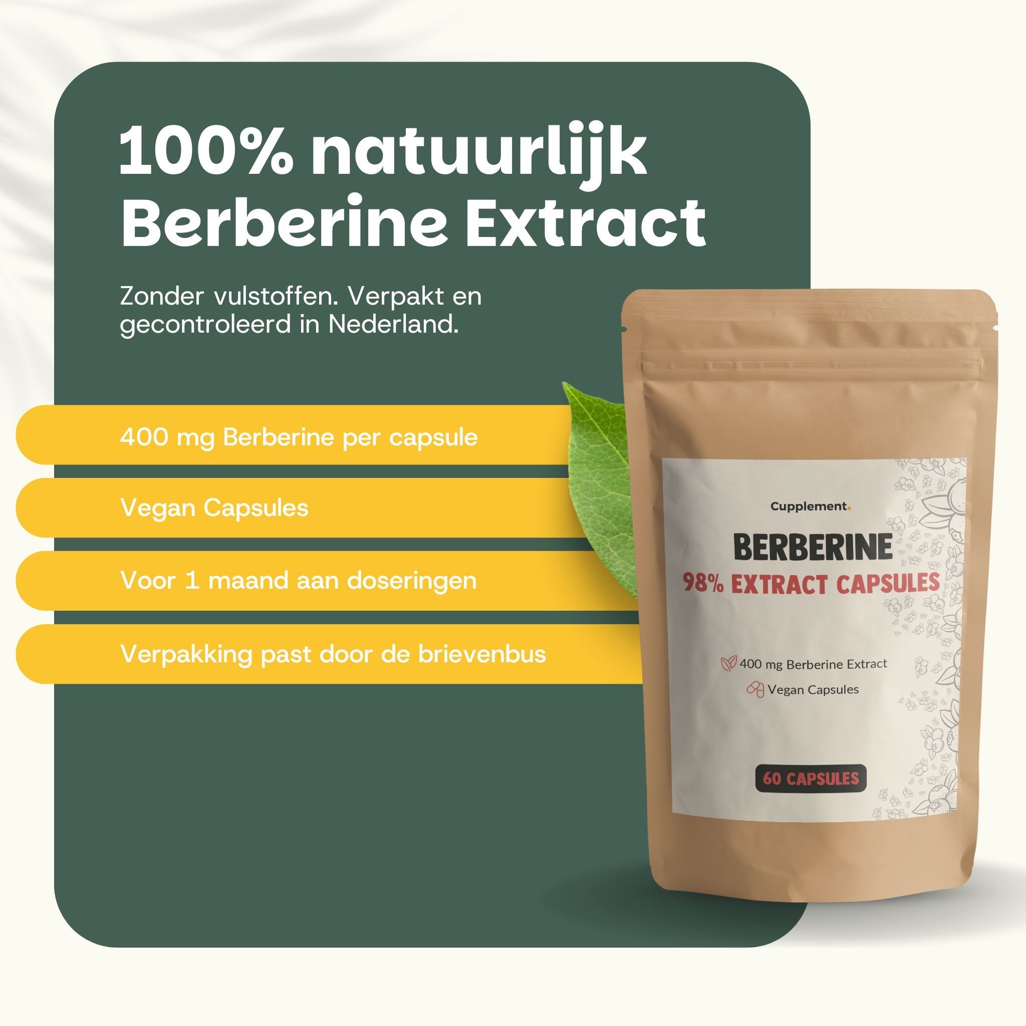 Zakje Cupplement Berberine capsules. 60 capsules. Tekst met informatie.