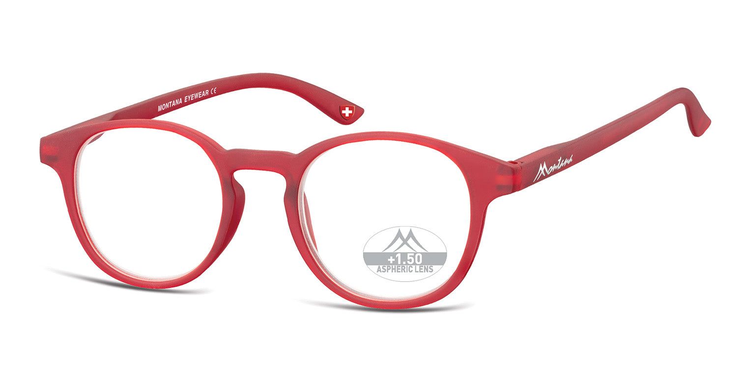 Lunettes rouges à monture ronde. "Montana" sur la branche droite. Croix suisse sur la branche gauche. "+1.50" sur le verre gauche.