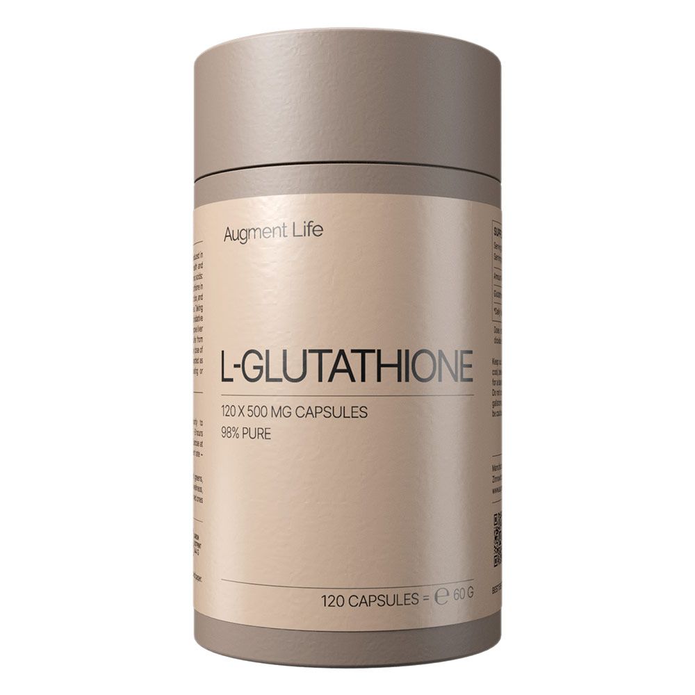 Contenant cylindrique de capsules de L-Glutathion. Contient 120 capsules de 500 mg, 98% pur.