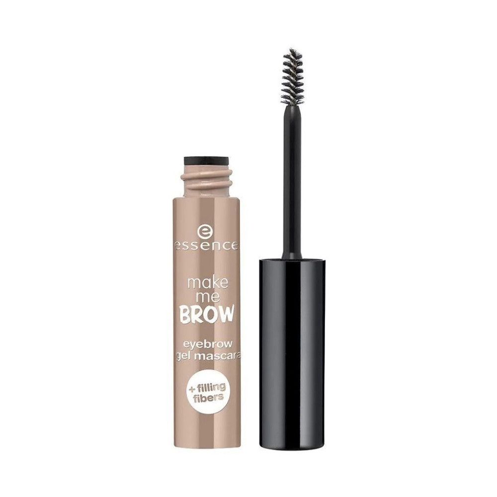 Mascara gel pour sourcils avec brosse. Tube beige et bouchon noir. Inscription: make me brow, eyebrow gel mascara.