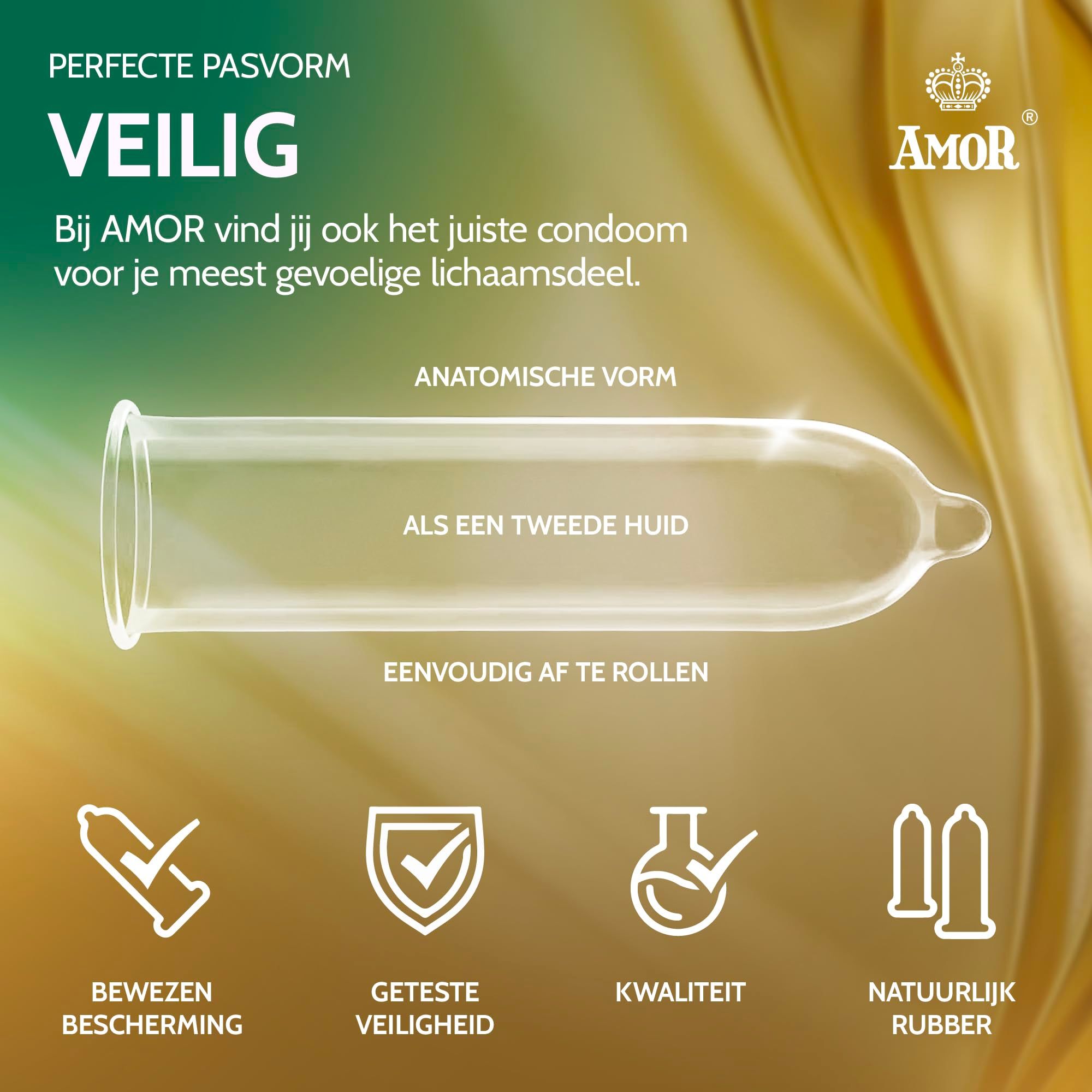 Amor condooms: extra gehydrateerd, natuurlijke kleuren, geurloos, vegan, sinds 1968.