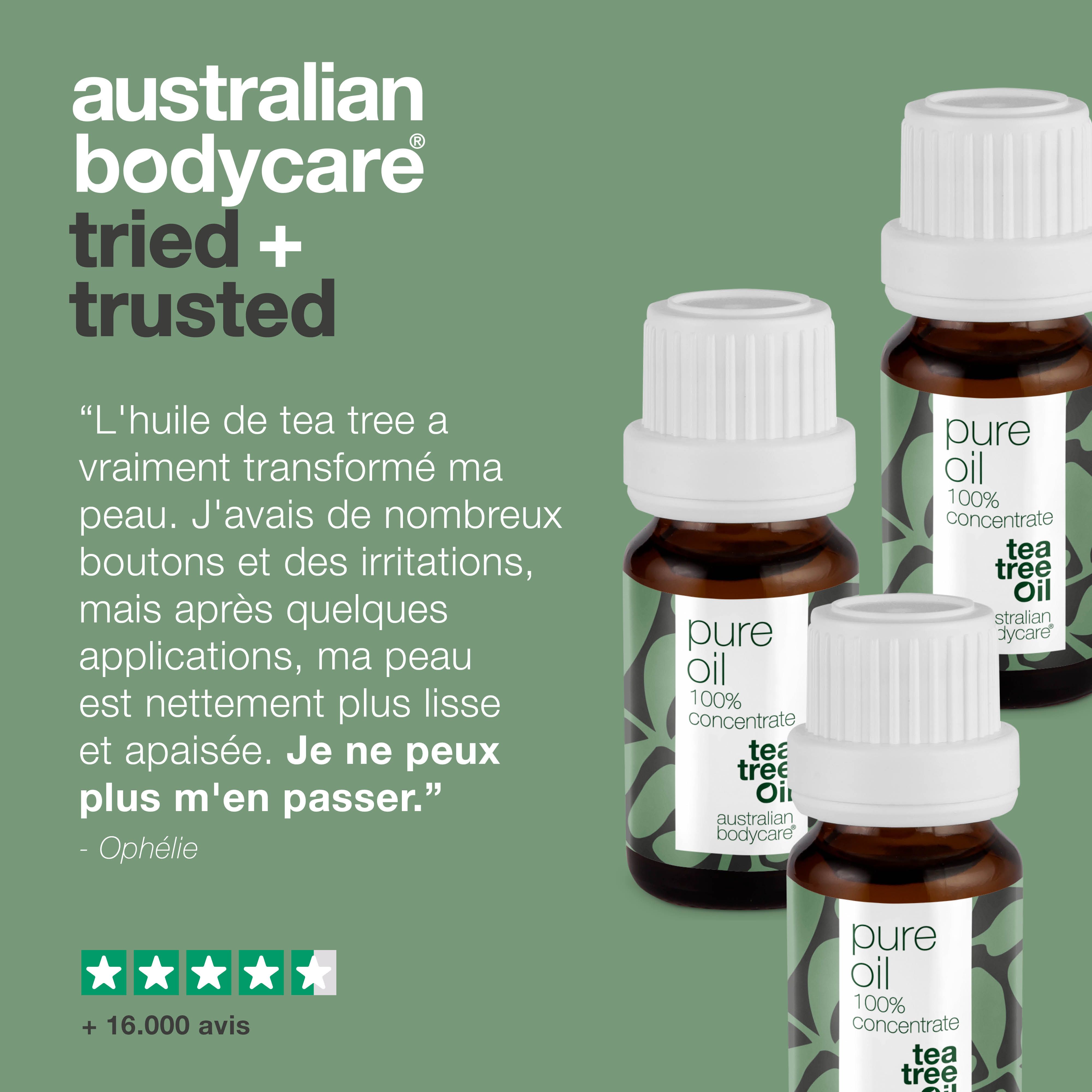 Flacon d'huile d'arbre à thé. Inscription : Pure Oil, 100% Concentrate, Tea Tree Oil. Texte : L'huile de tea tree a vraiment transformé ma peau.