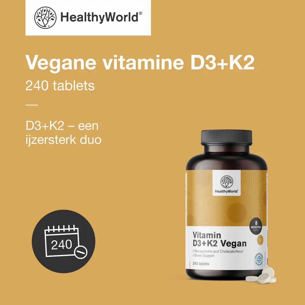Fles met Vitamines D3+K2 Vegan. Tekst: Vegane vitamine D3+K2, 240 tabletten. Merk: HealthyWorld.