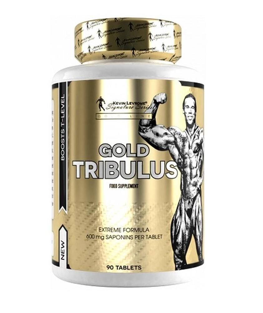 Complément alimentaire Gold Tribulus en flacon blanc avec étiquette dorée. Contient 90 comprimés. Inscription : Kevin Levrone.