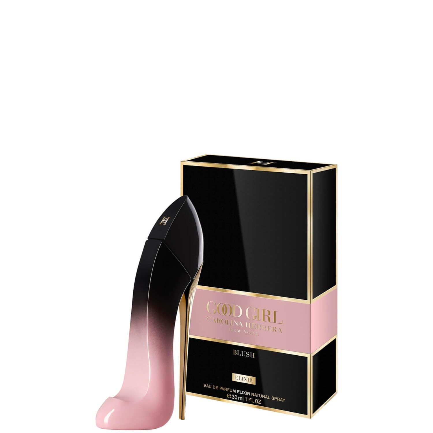 Flacon de parfum Good Girl Blush en forme d'escarpin noir et rose. Boîte noire et or. Inscription: Good Girl Blush.